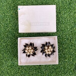 Vintage Mervyn's Black Enamel and Faux Pearl Floral Clip-On Earrings